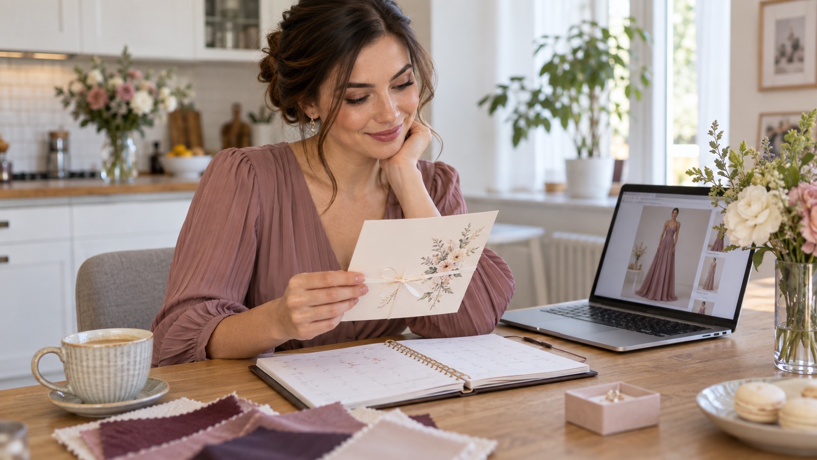 Femeie cu invitația de nuntă și calendarul, comandând o rochie de pe laptop