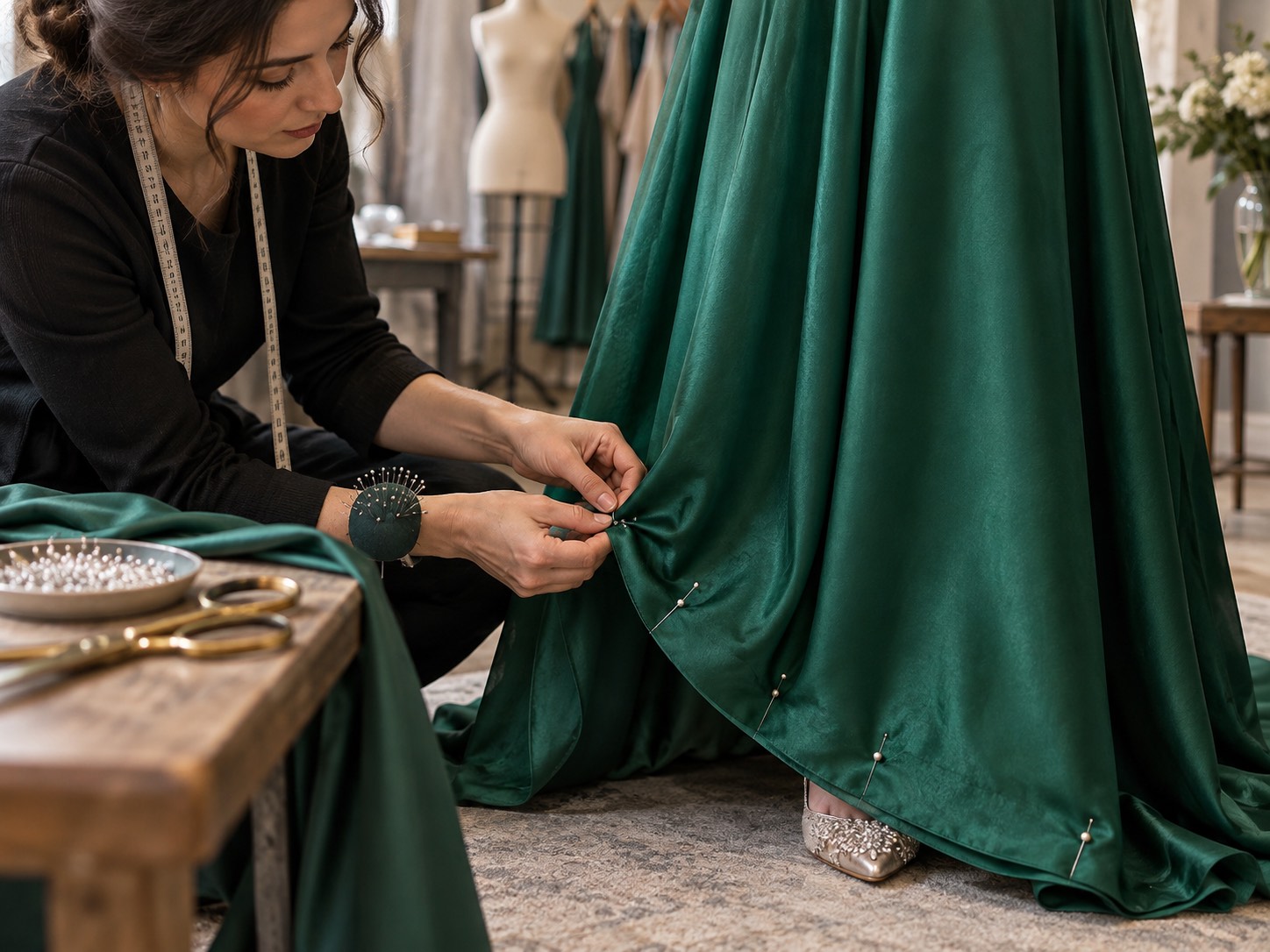 Detaliu: croitoreasă prinzând cu ace tivul unei rochii lungi verde smarald, în atelier