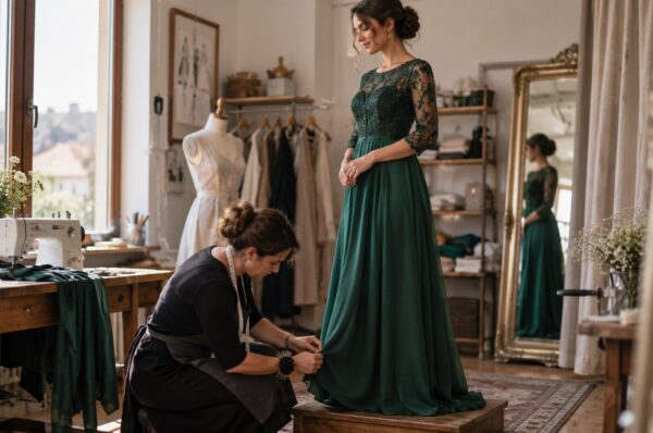 Croitoreasă prinzând cu ace tivul unei rochii lungi verde smarald, în atelier