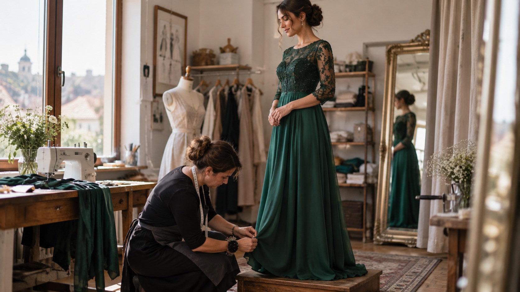 Croitoreasă prinzând cu ace tivul unei rochii lungi verde smarald, în atelier