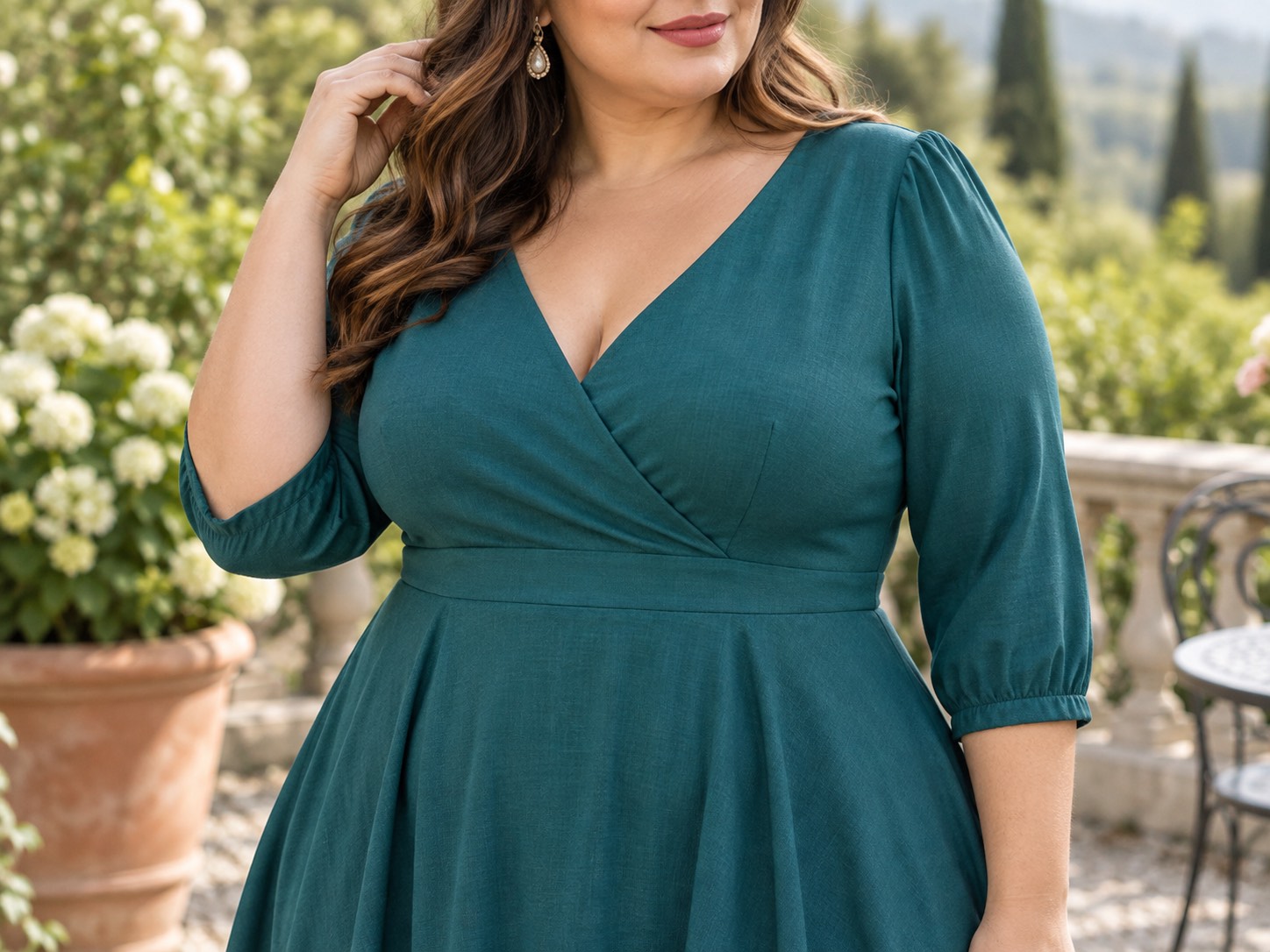 Detaliu: femeie plus size în rochie midi în A turcoaz cu mâneci trei sferturi