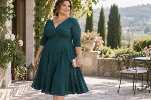 Femeie plus size în rochie midi în A turcoaz cu mâneci trei sferturi
