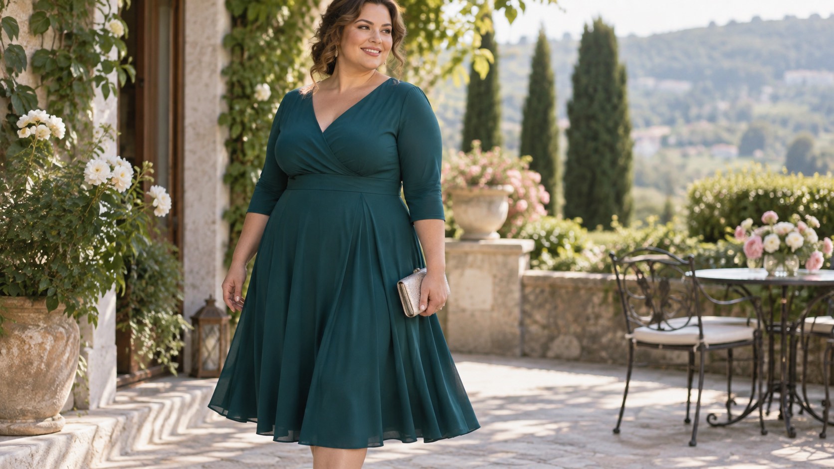 Femeie plus size în rochie midi în A turcoaz cu mâneci trei sferturi