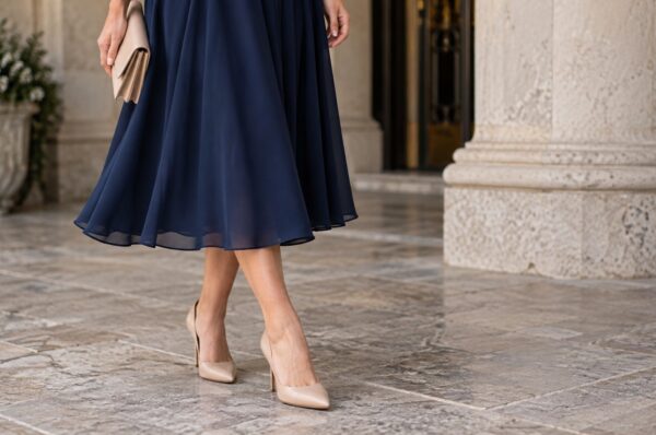 Rochie midi bleumarin cu pantofi nude cu vârf ascuțit, prim-plan de la talie în jos