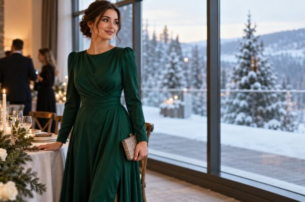 Femeie la un eveniment de iarnă în rochie midi verde smarald, cu zăpadă în fundal