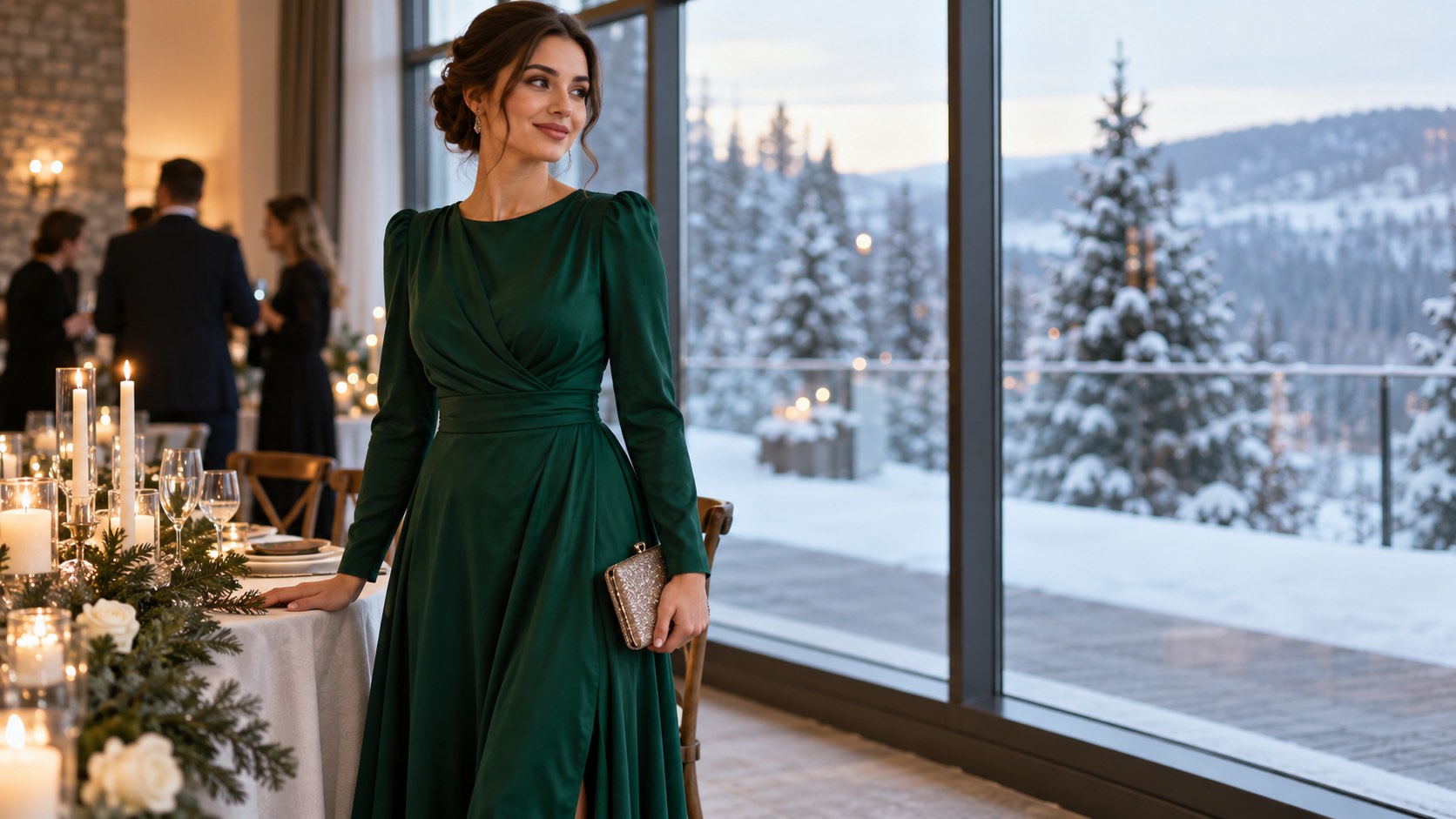 Femeie la un eveniment de iarnă în rochie midi verde smarald, cu zăpadă în fundal