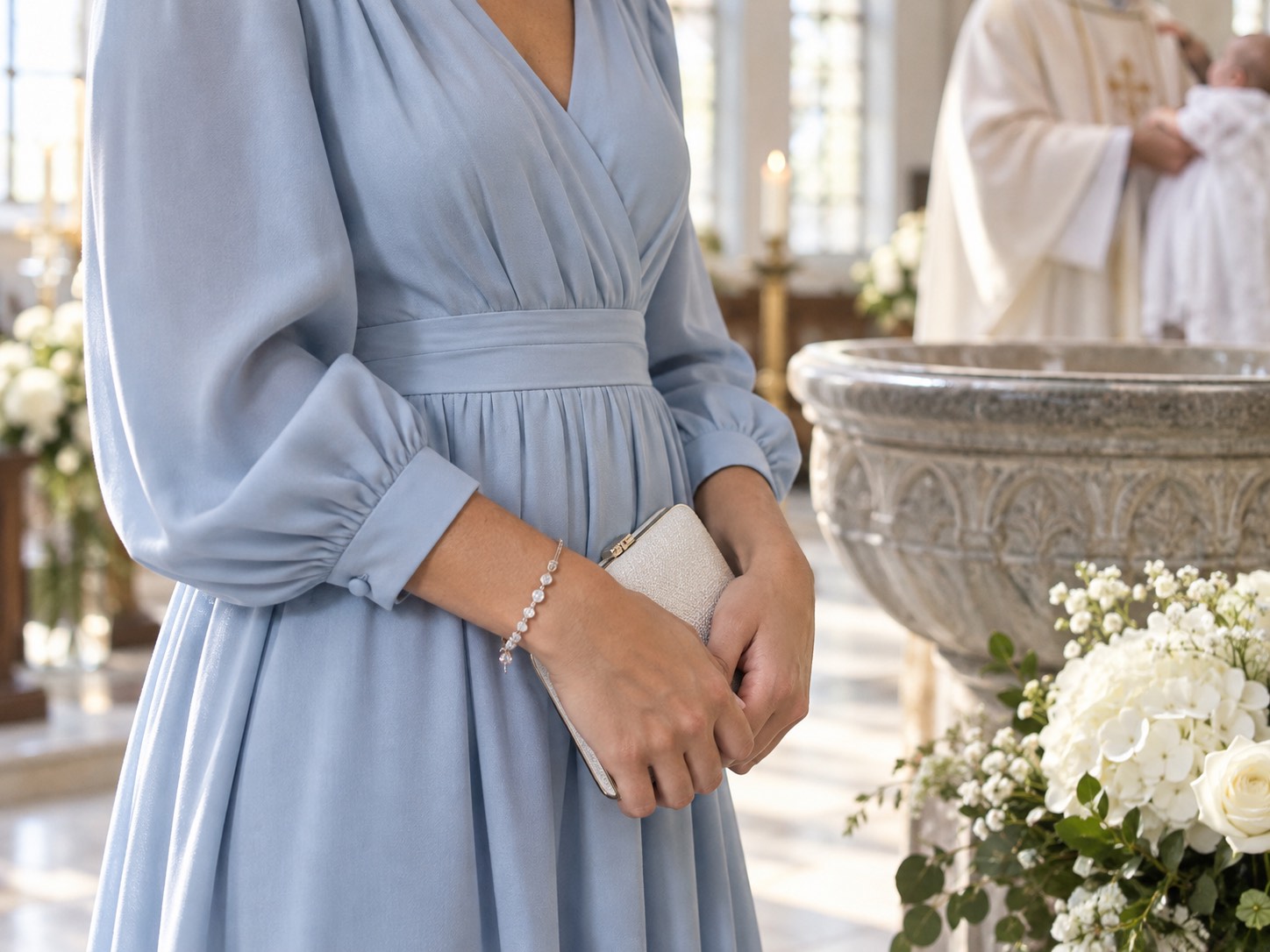 Detaliu: invitată la botez în rochie midi bleu pudră, lângă cristelniță
