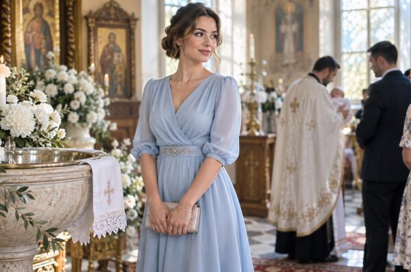 Invitată la botez în rochie midi bleu pudră, lângă cristelniță