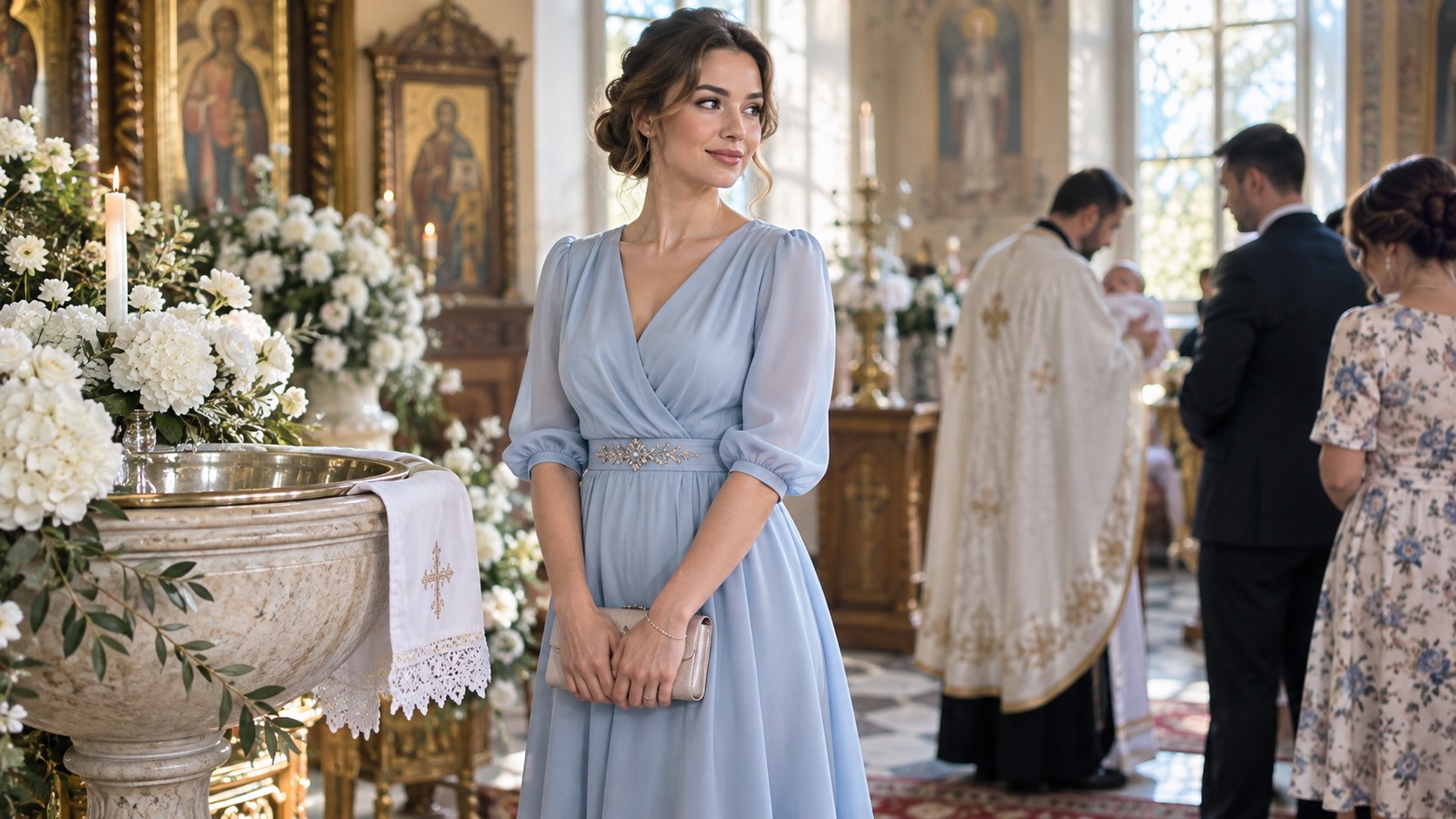 Invitată la botez în rochie midi bleu pudră, lângă cristelniță