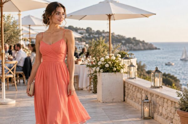Femeie la un eveniment de vară în rochie midi corai, pe o terasă la mare