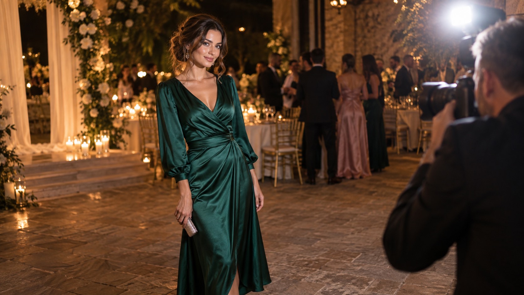 Femeie în rochie midi verde smarald din satin, fotografiată la o nuntă