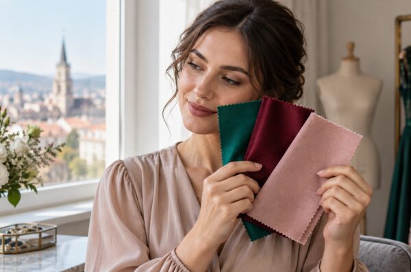 Femeie comparând mostre de culoare lângă fereastră: verde, bordo, roz