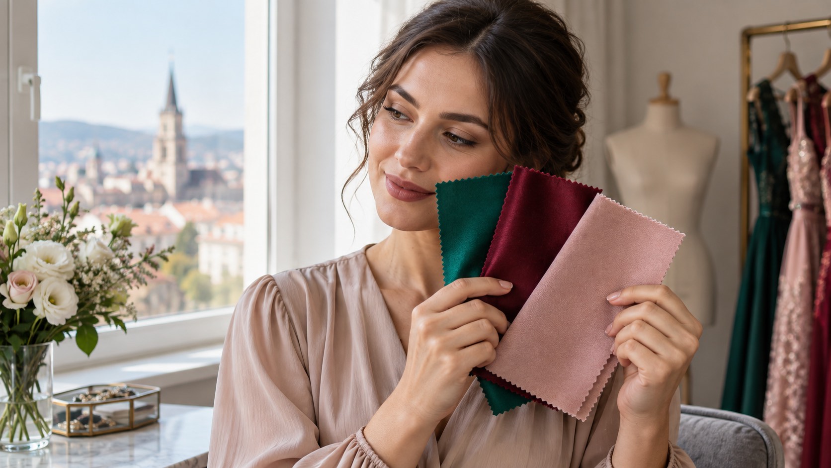 Femeie comparând mostre de culoare lângă fereastră: verde, bordo, roz