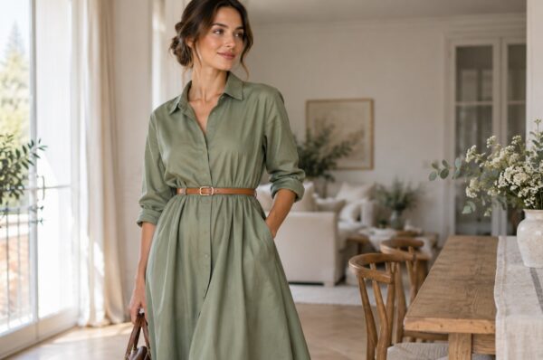 Femeie în rochie tip cămașă midi verde salvie cu curea subțire maro