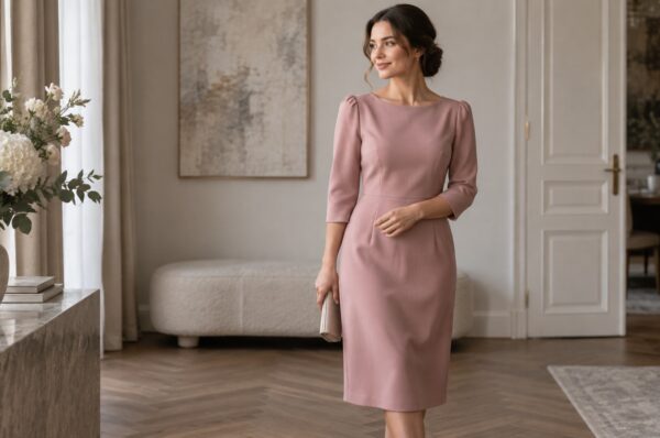 Femeie în rochie midi din crep roz prăfuit, cu croială dreaptă
