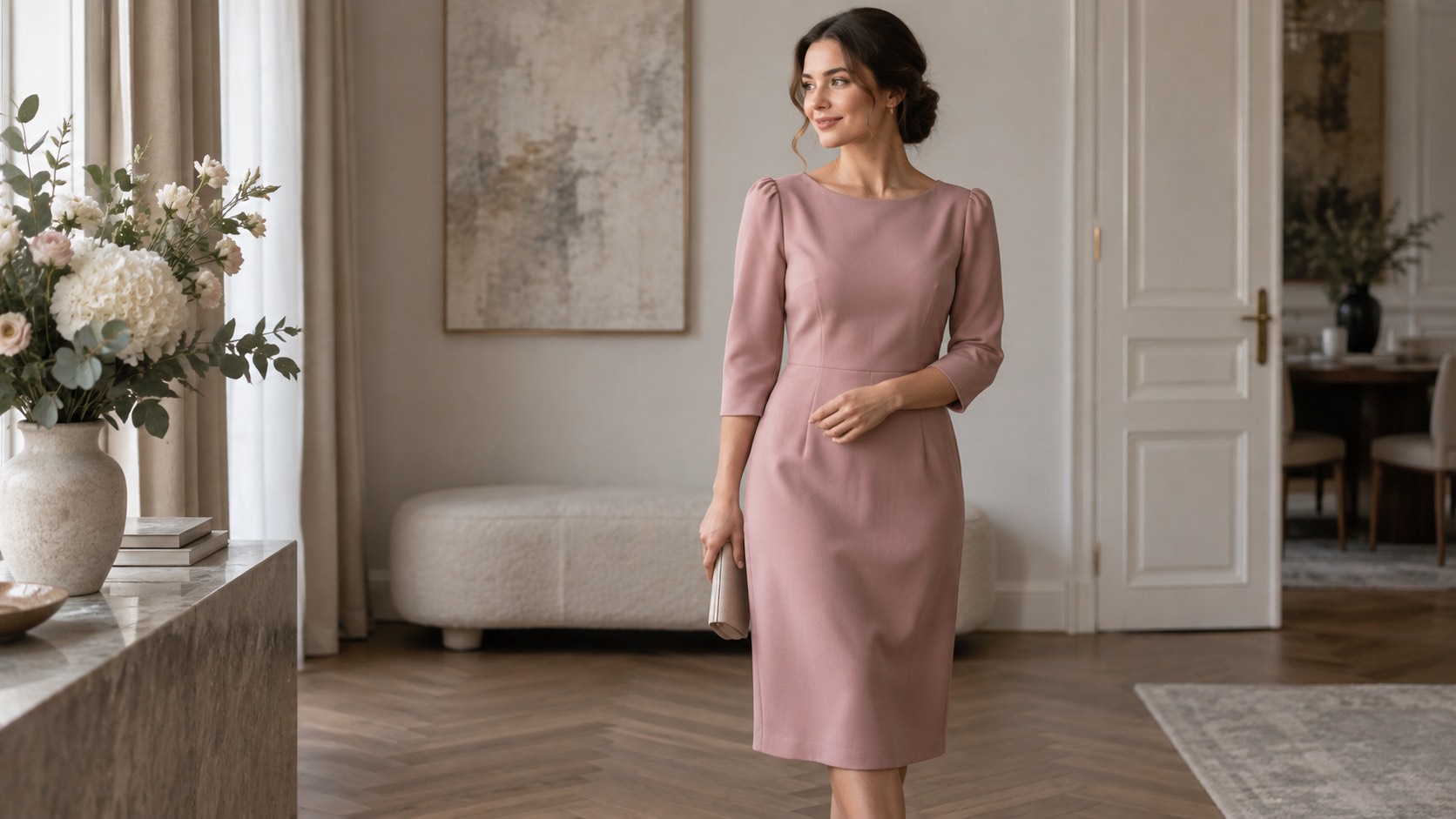Femeie în rochie midi din crep roz prăfuit, cu croială dreaptă