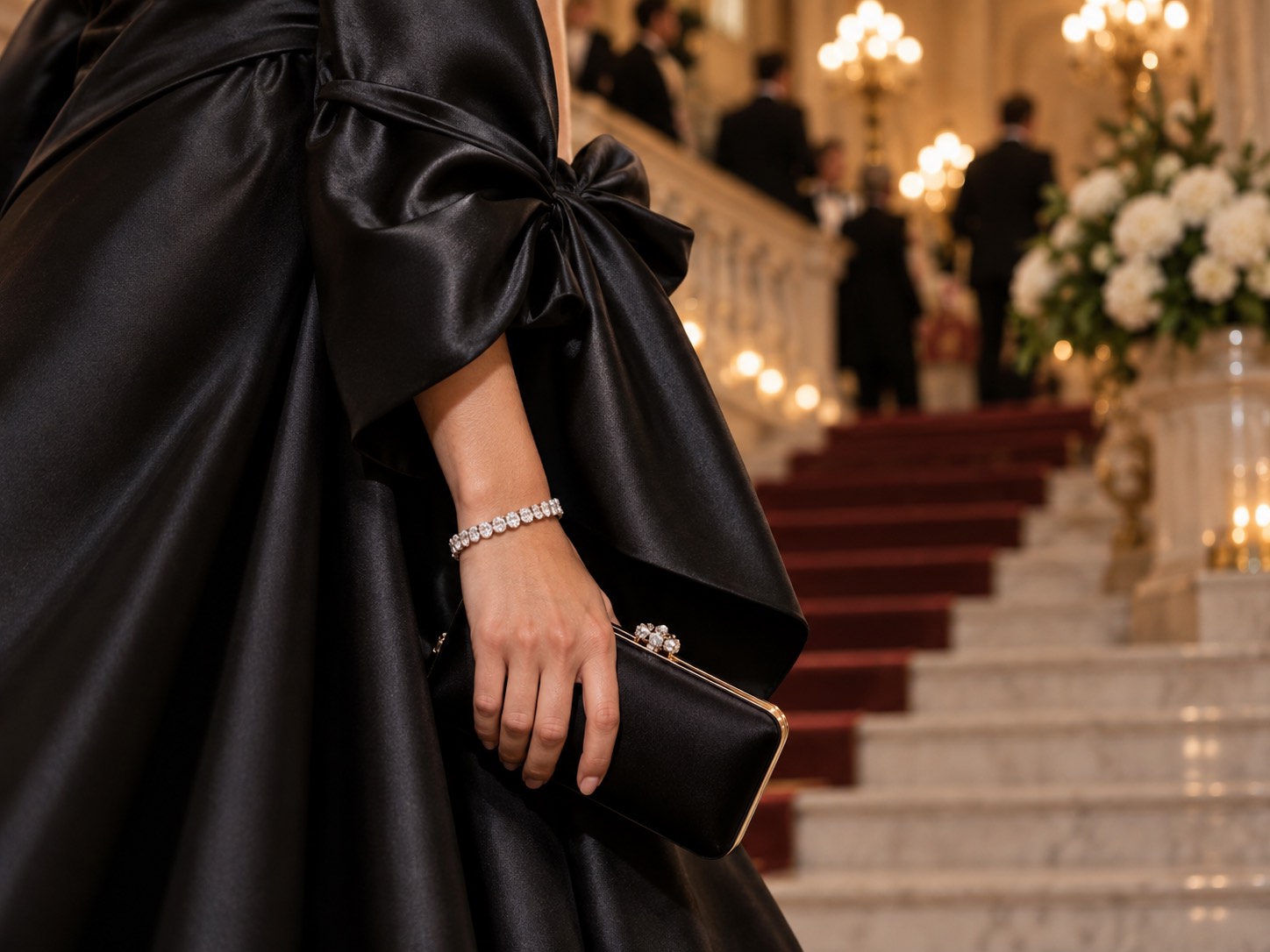 Detaliu: femeie la o gală black tie în rochie lungă neagră din satin, pe o scară monumentală