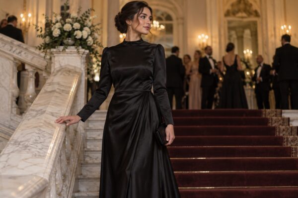 Femeie la o gală black tie în rochie lungă neagră din satin, pe o scară monumentală