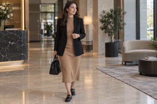 Femeie în rochie midi tricotată camel cu blazer negru și mocasini, într-un birou modern
