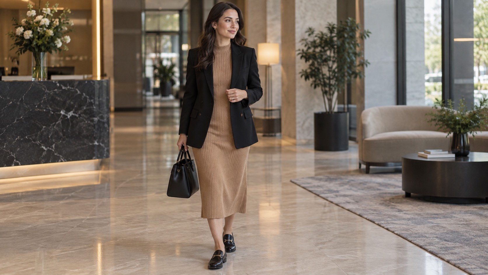 Femeie în rochie midi tricotată camel cu blazer negru și mocasini, într-un birou modern