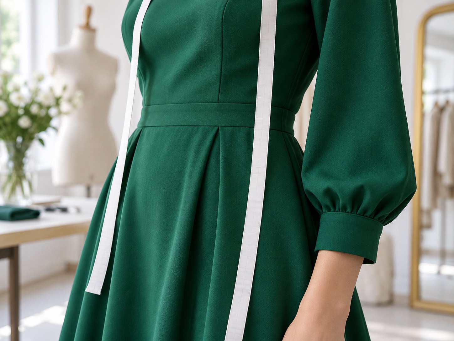Detaliu: femeie plus size măsurându-și bustul peste o rochie verde smarald