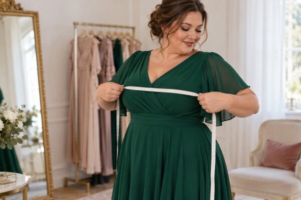 Femeie plus size măsurându-și bustul peste o rochie verde smarald