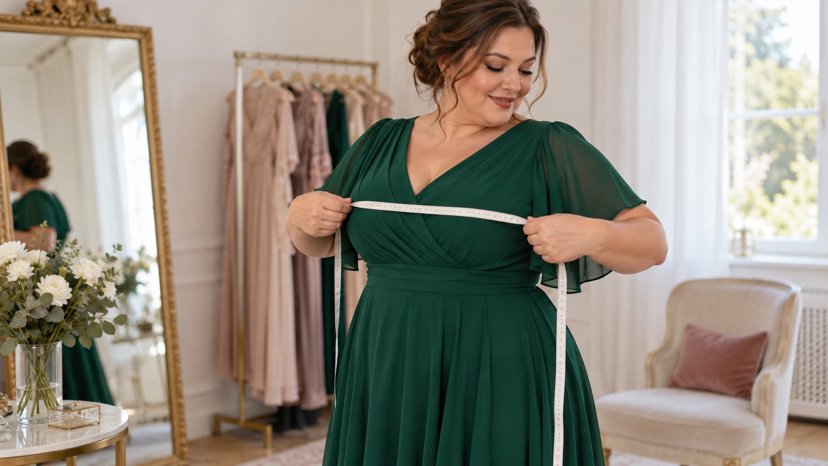 Femeie plus size măsurându-și bustul peste o rochie verde smarald