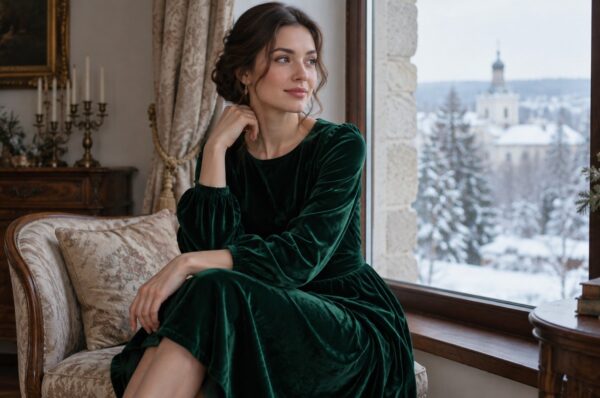 Femeie în rochie midi de catifea verde închis cu mâneci lungi, lângă fereastră iarna