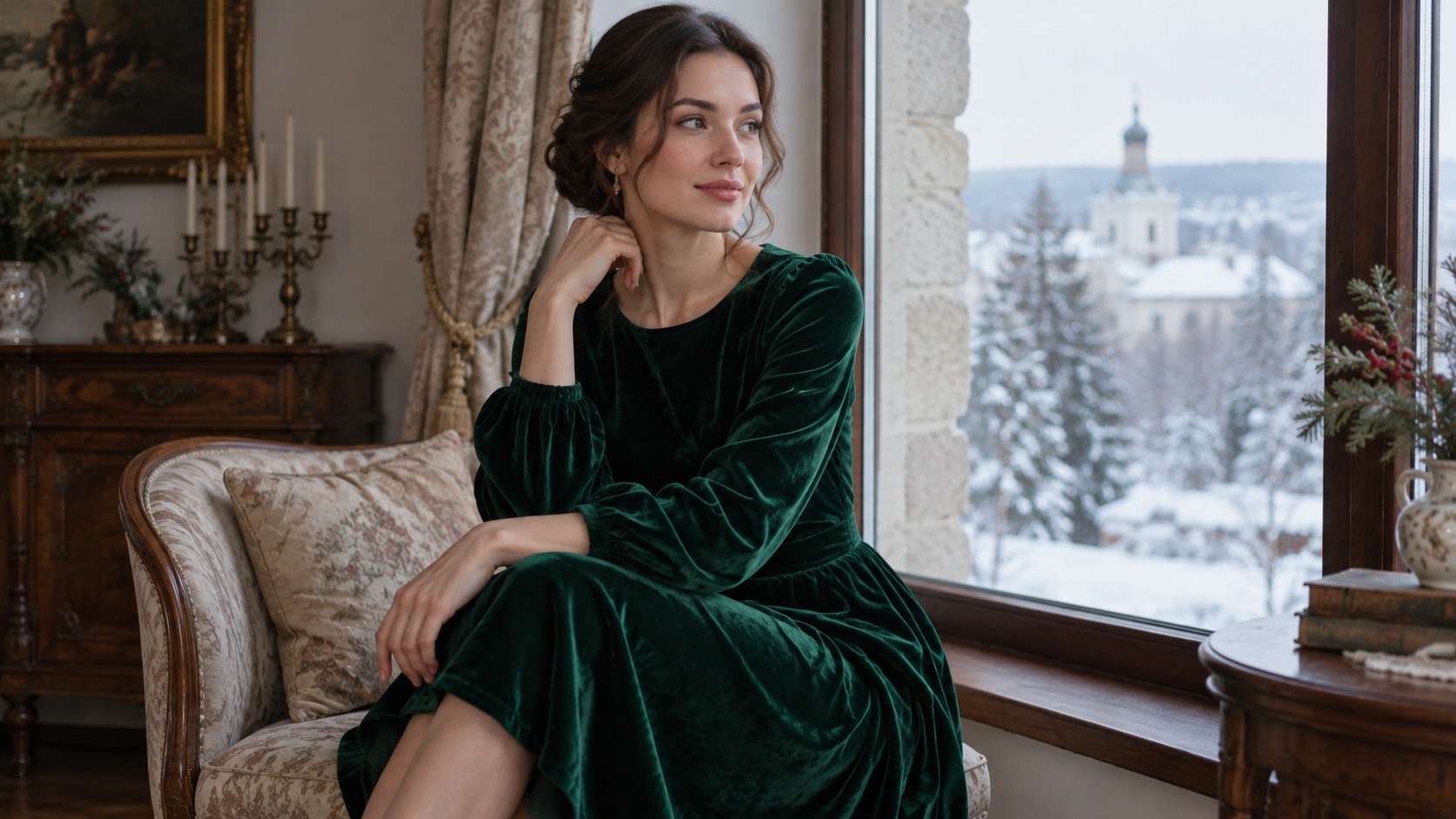 Femeie în rochie midi de catifea verde închis cu mâneci lungi, lângă fereastră iarna