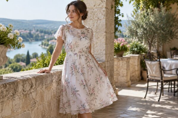 Femeie în rochie midi din voal alb cu floricele, pe o terasă umbrită vara