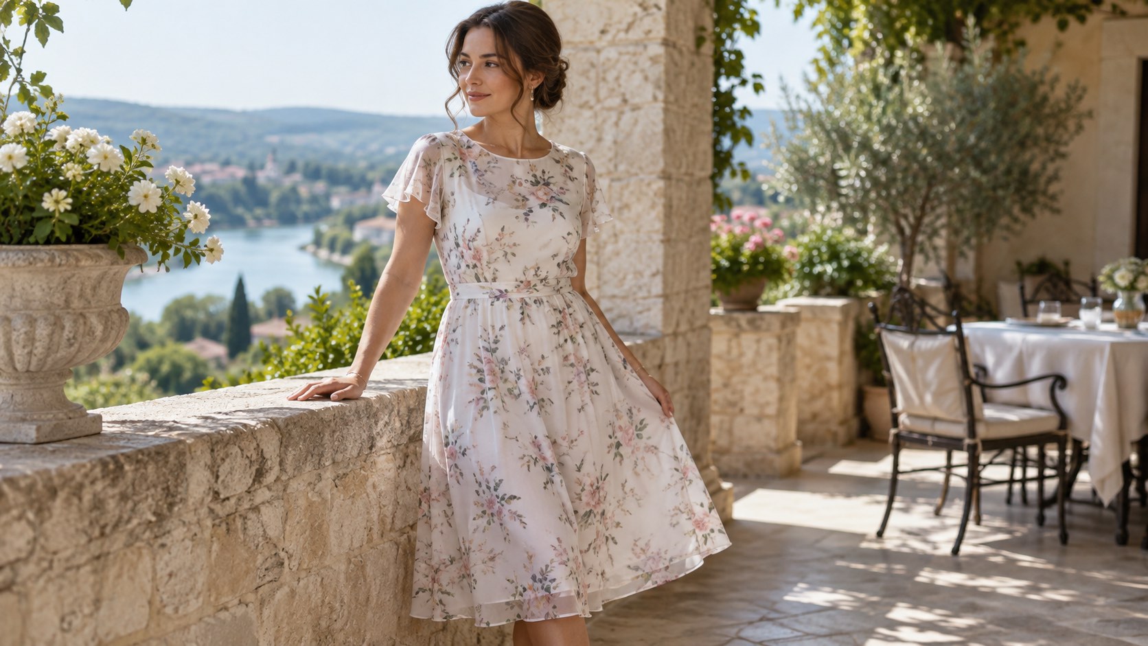 Femeie în rochie midi din voal alb cu floricele, pe o terasă umbrită vara