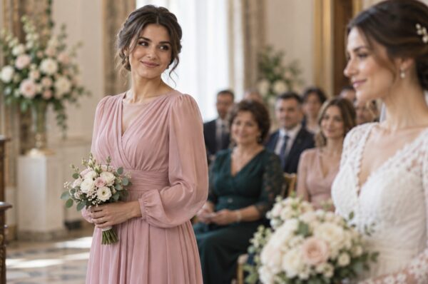 Martoră în rochie lungă roz prăfuit din voal, lângă mireasă, la cununie