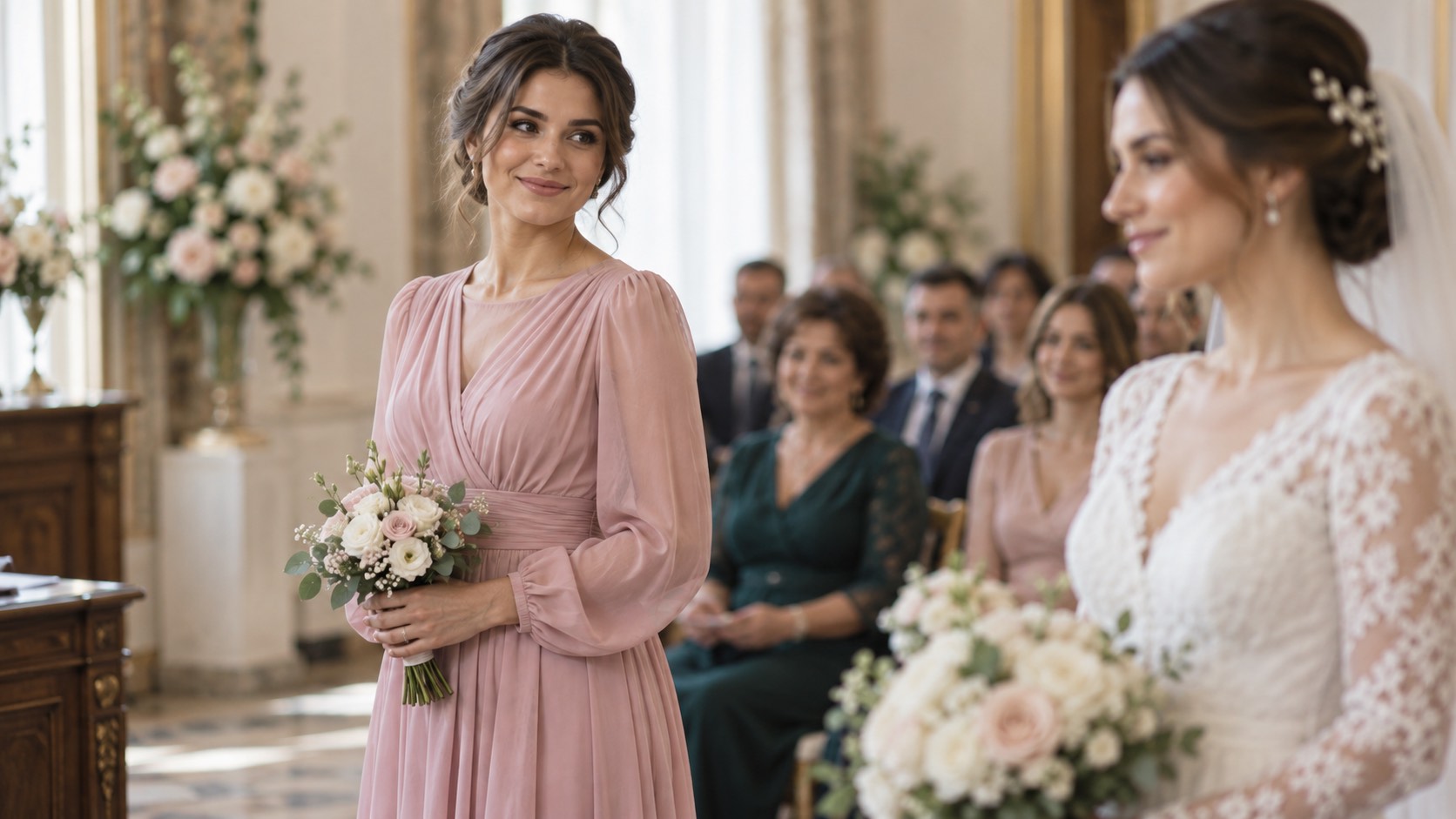 Martoră în rochie lungă roz prăfuit din voal, lângă mireasă, la cununie