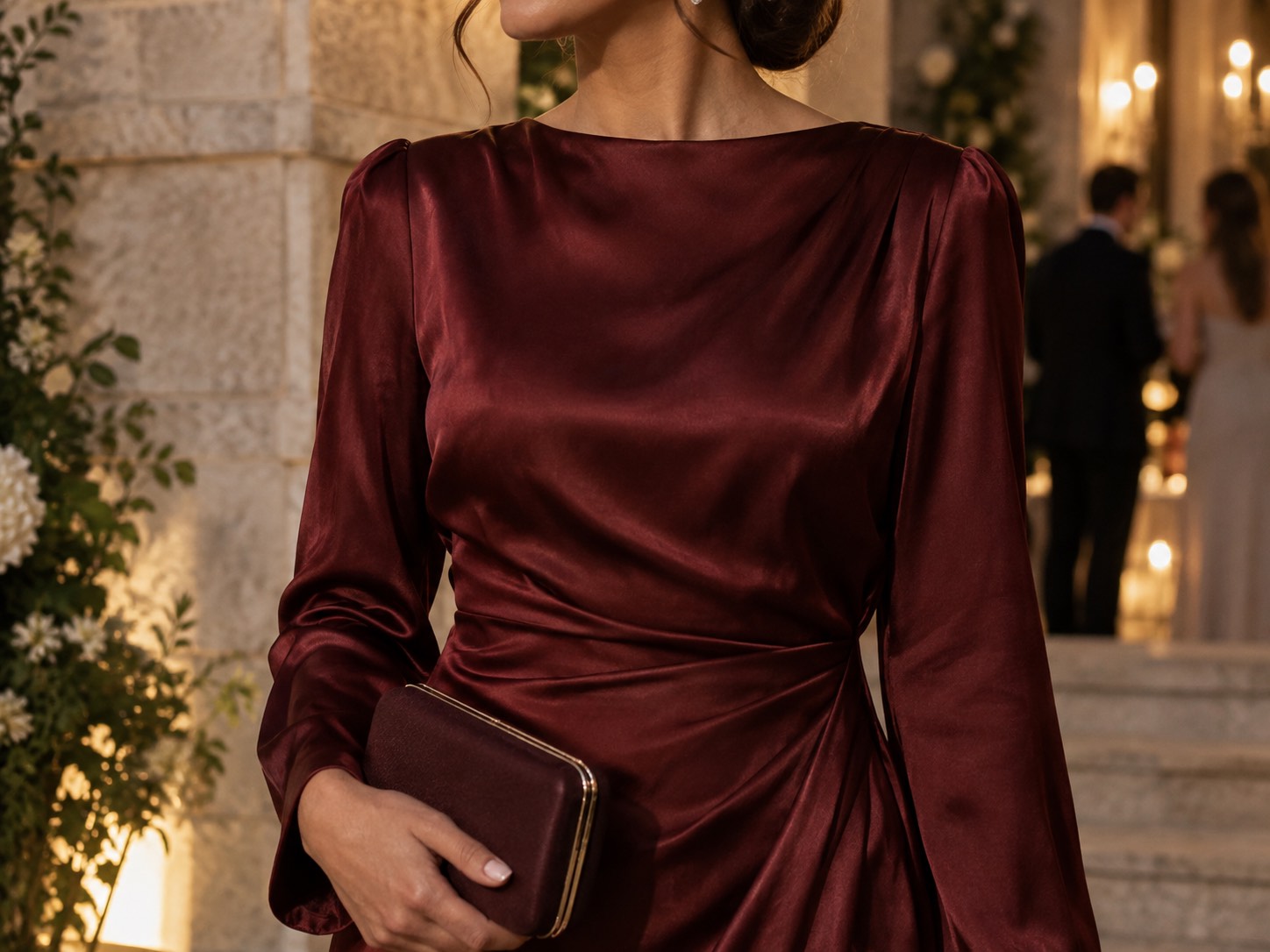 Detaliu: invitată în rochie lungă bordo din satin, sosind la o nuntă de seară