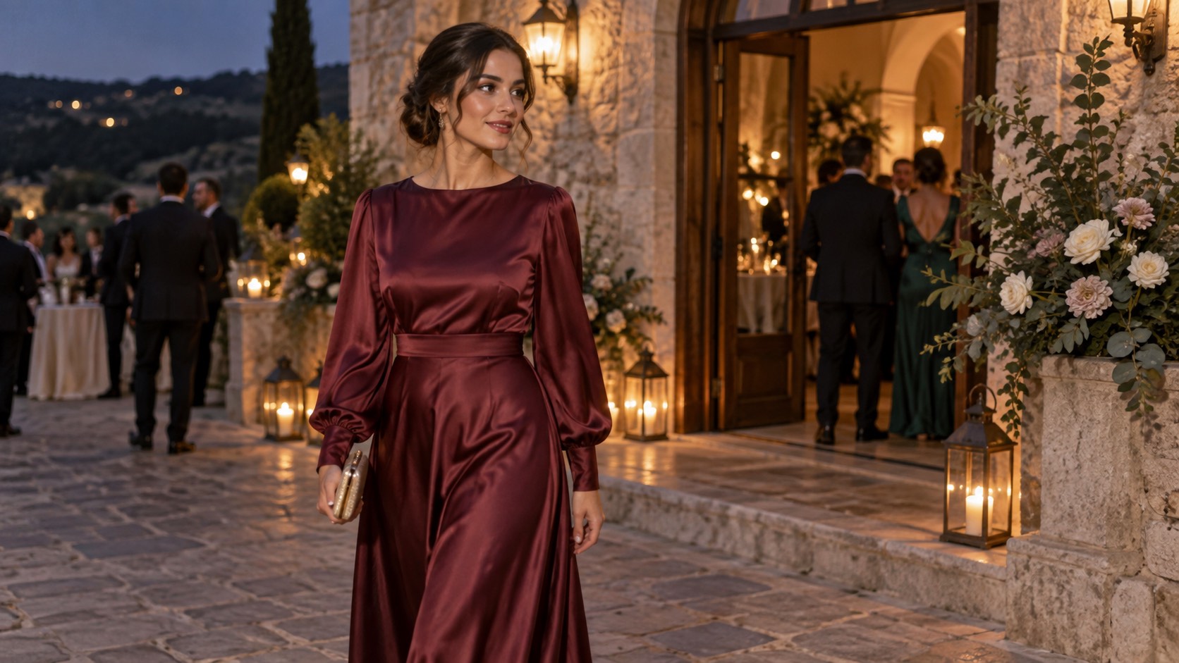 Invitată în rochie lungă bordo din satin, sosind la o nuntă de seară