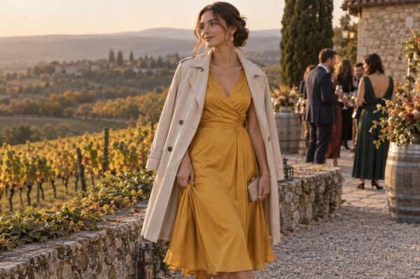Invitată la nuntă de toamnă în rochie midi galben muștar, la o vie