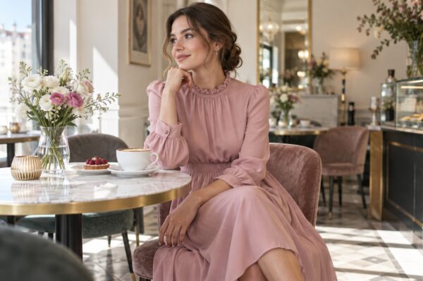 Femeie cu bust mic în rochie midi roz prăfuit cu volane la decolteu