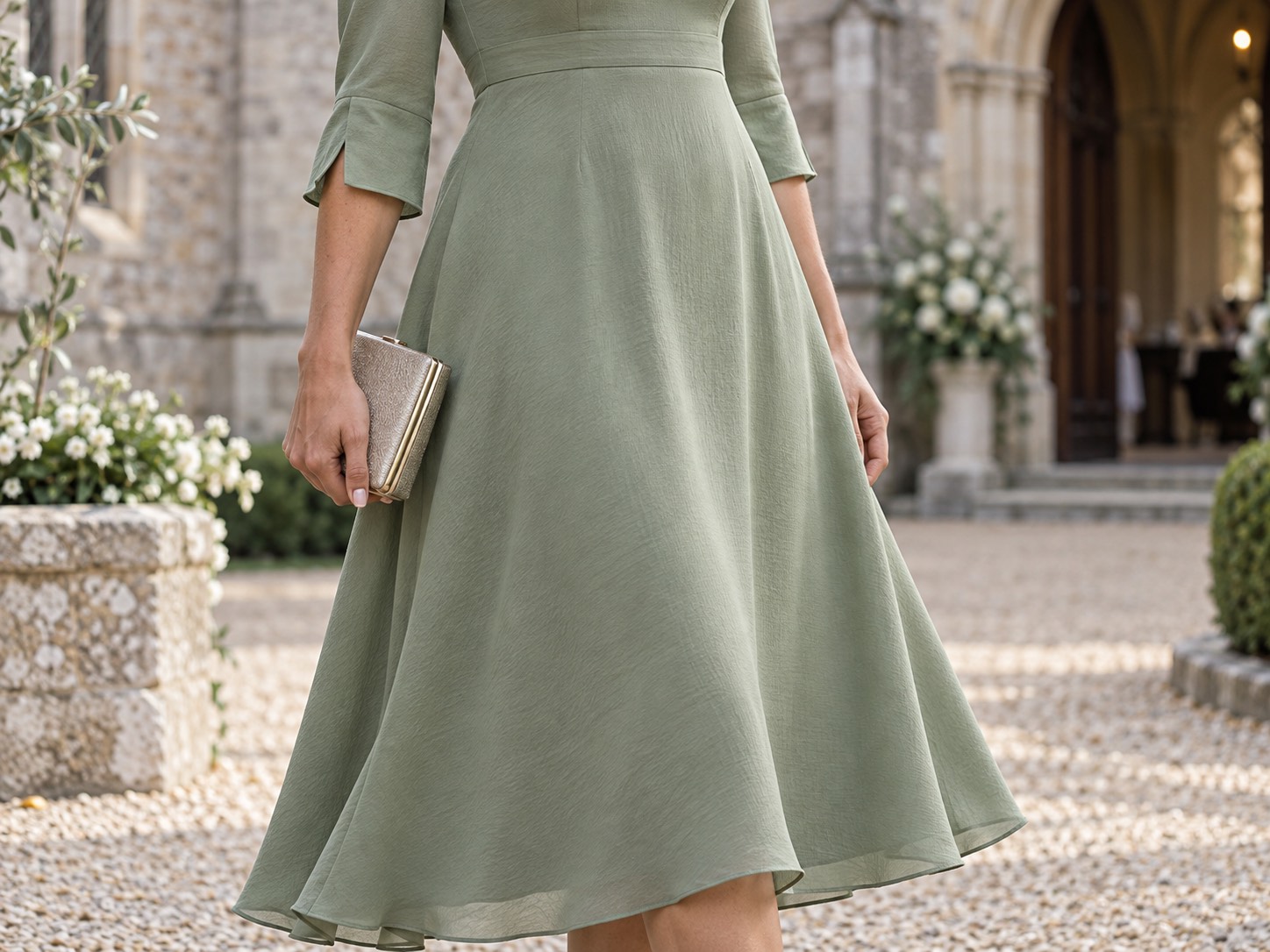 Detaliu: invitată plus size la botez în rochie midi în A verde salvie cu mâneci trei sferturi