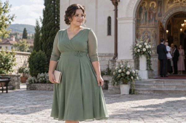 Invitată plus size la botez în rochie midi în A verde salvie cu mâneci trei sferturi
