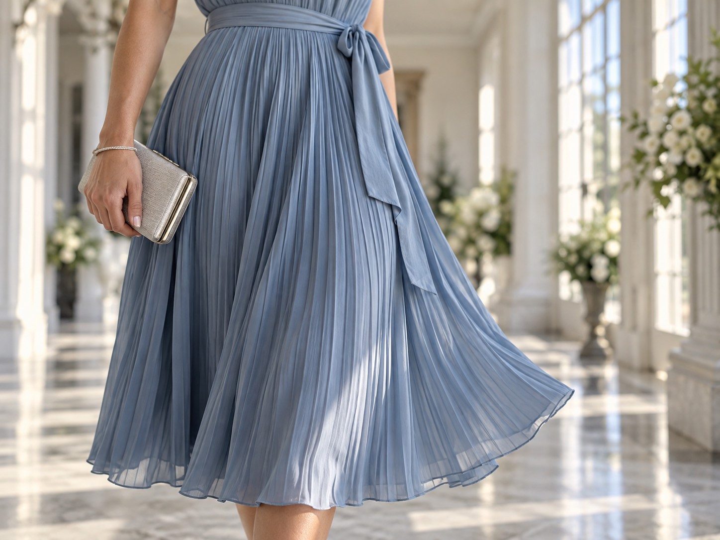 Detaliu: femeie în rochie midi plisată bleu prăfuit cu curea, într-un hol luminos