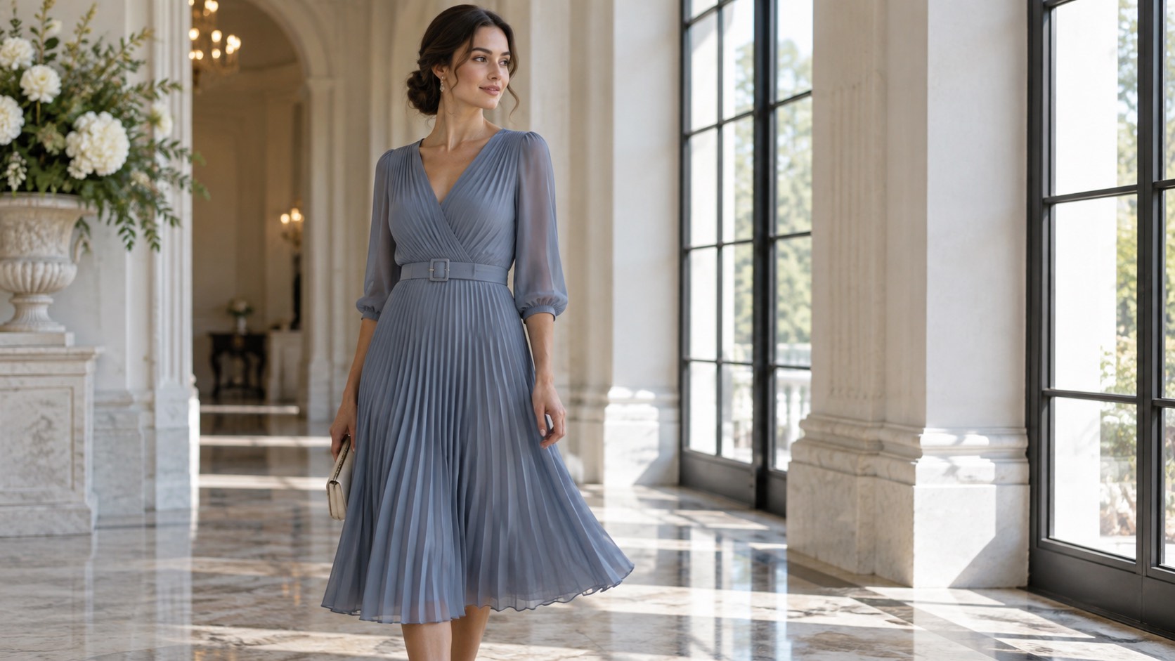 Femeie în rochie midi plisată bleu prăfuit cu curea, într-un hol luminos