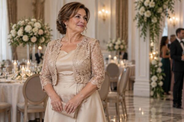 Soacra mirelui în rochie midi șampanie cu jachetă din dantelă, în sala de recepție