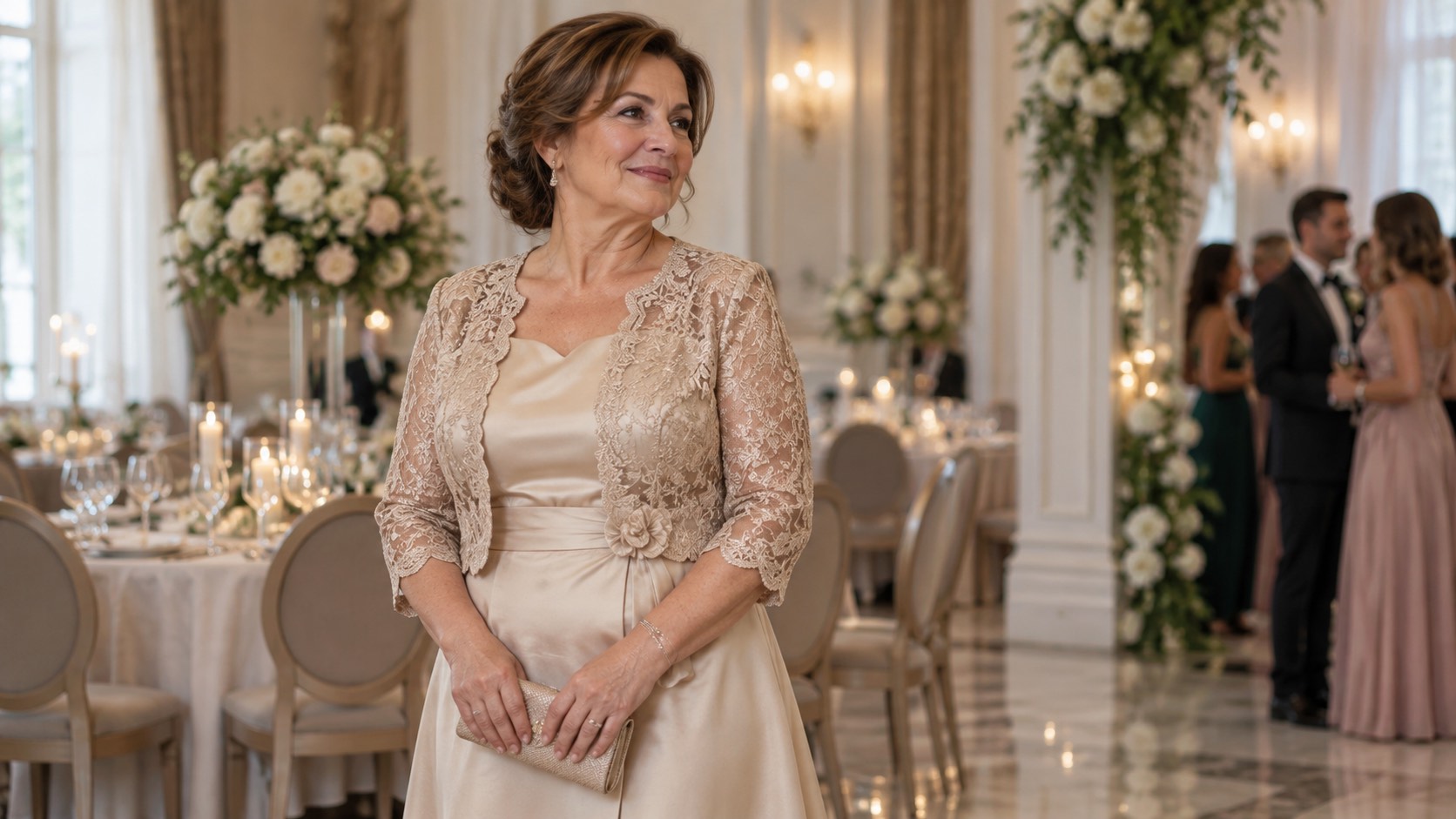 Soacra mirelui în rochie midi șampanie cu jachetă din dantelă, în sala de recepție