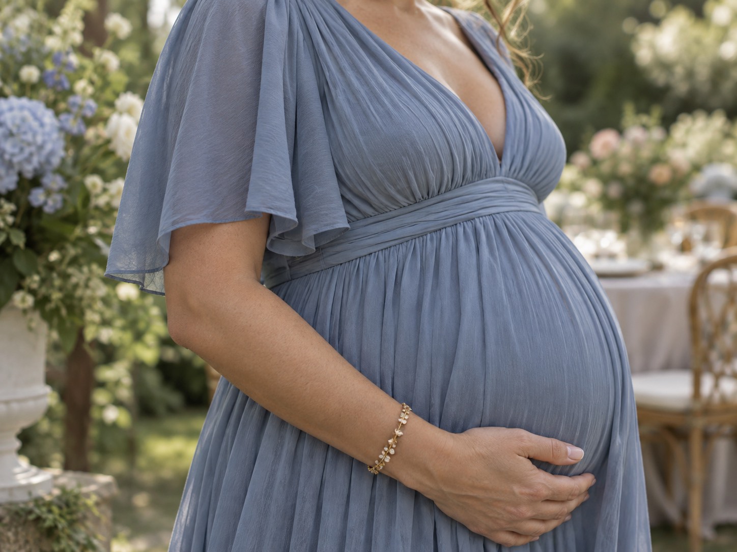 Detaliu: femeie însărcinată în rochie midi bleu prăfuit cu talie înaltă, la o petrecere în grădină