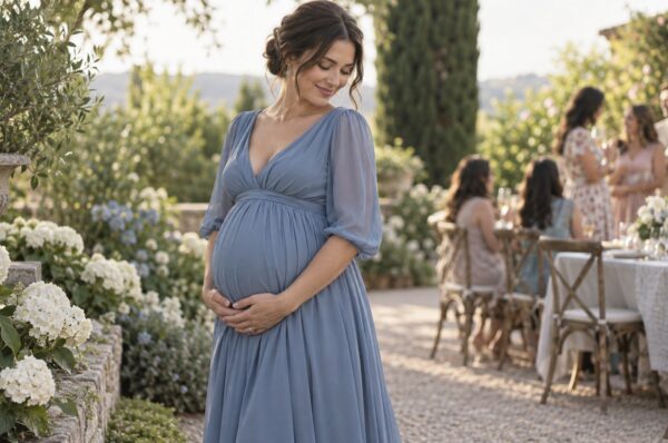Femeie însărcinată în rochie midi bleu prăfuit cu talie înaltă, la o petrecere în grădină