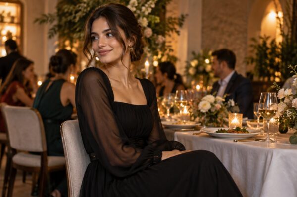 Invitată la majorat în rochie midi neagră cu mâneci transparente, la petrecere