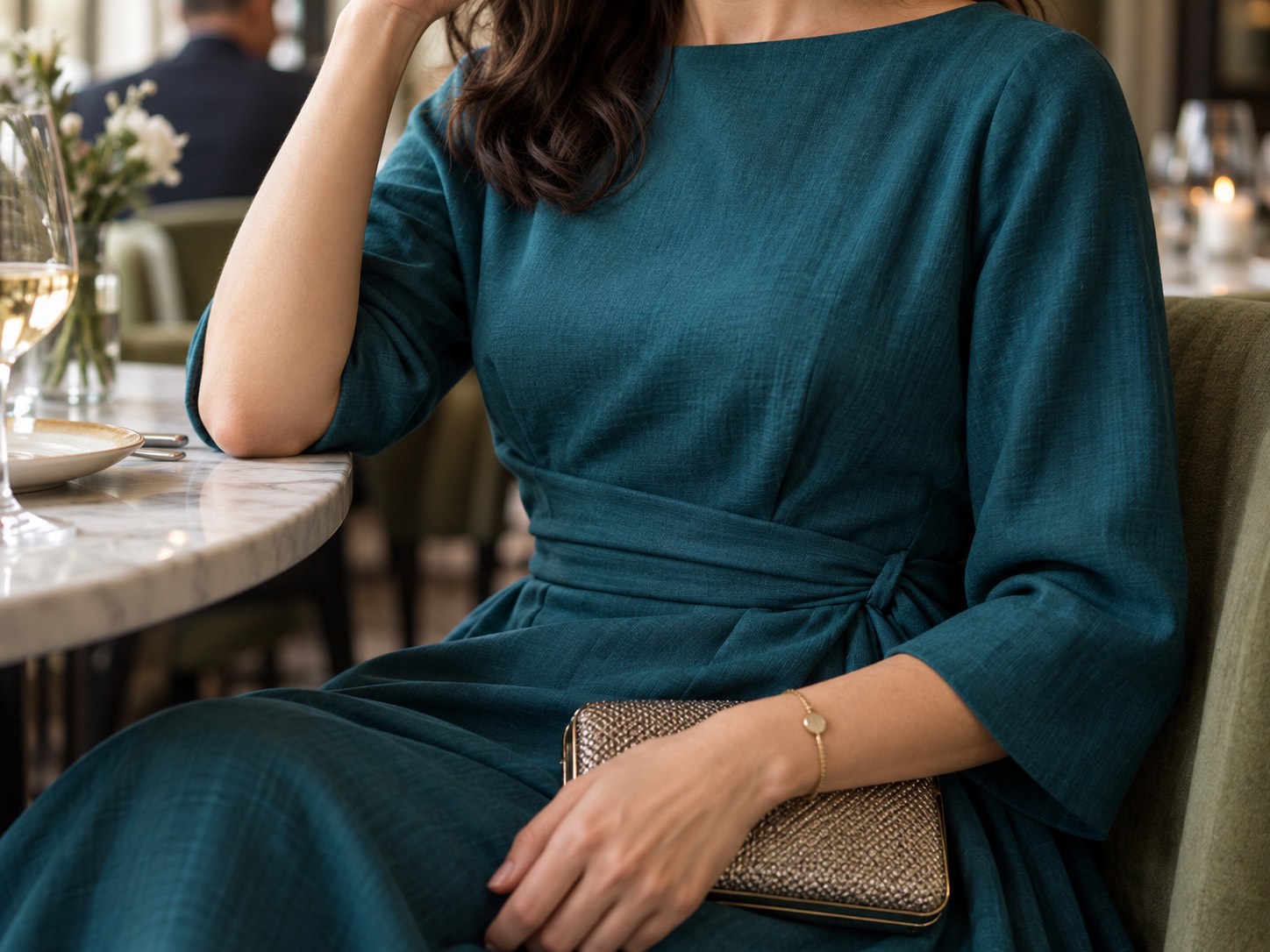 Detaliu: invitată la cumetrie în rochie midi turcoaz, la masa lungă din restaurant