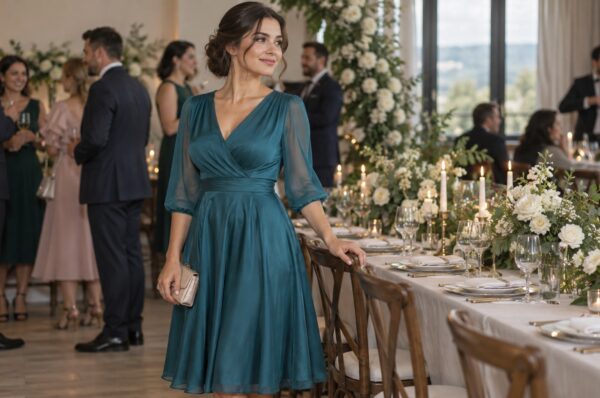 Invitată la cumetrie în rochie midi turcoaz, la masa lungă din restaurant