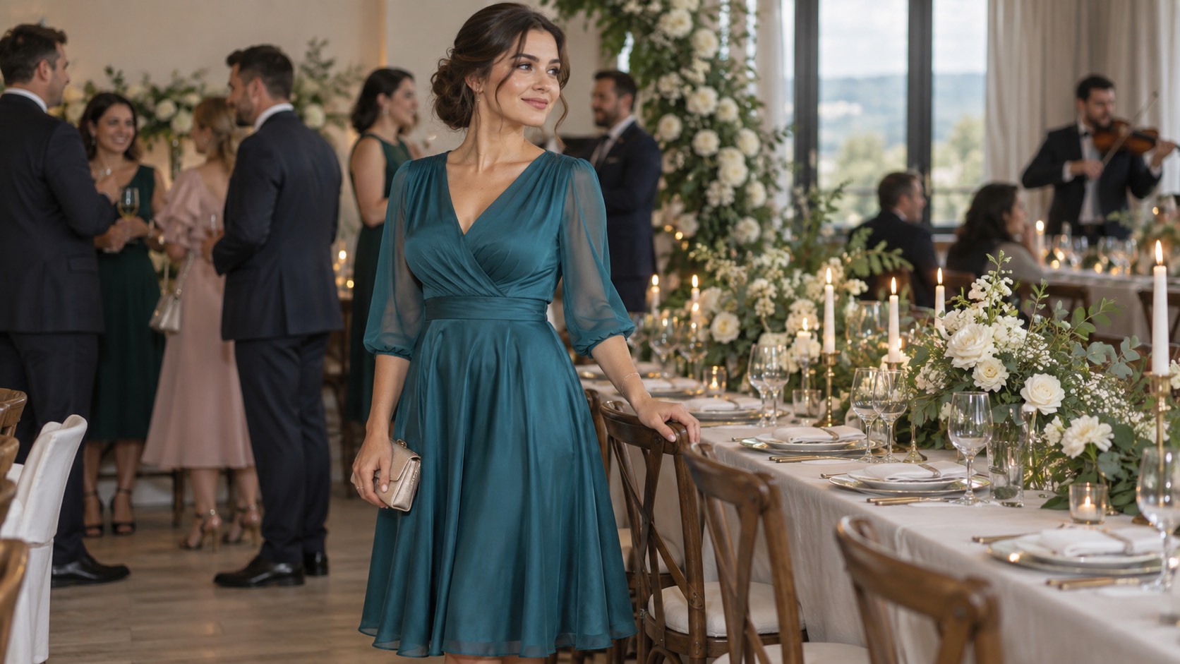 Invitată la cumetrie în rochie midi turcoaz, la masa lungă din restaurant