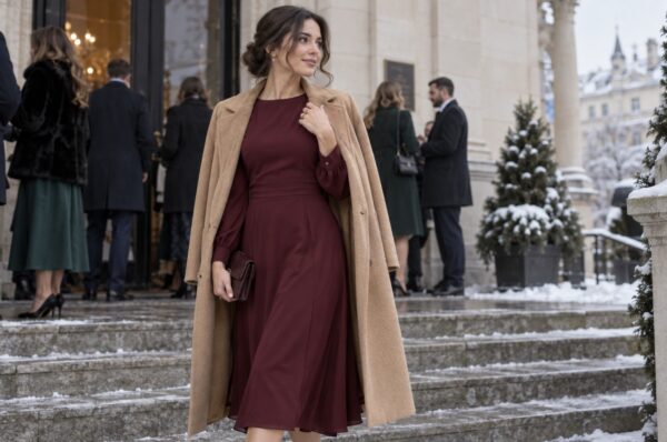 Invitată la cununie civilă iarna în rochie midi burgundy cu palton camel